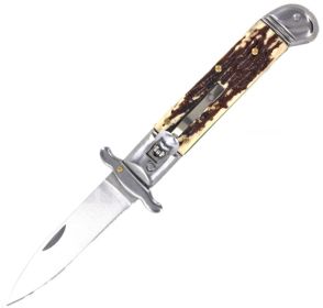 MILANO 8" LEVERLOCK SWINGUARD AUTOMATIC KNIFE FAUX STAG (3.25" SATIN)