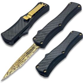 OTF Damascus Pattern Gold Blade Double Edge Carbon Fiber Handle