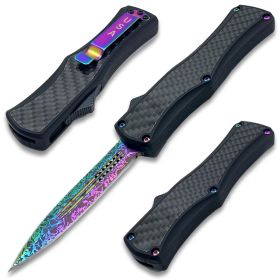 OTF Damascus Pattern Titanium Blade Double Edge Carbon Fiber Handle