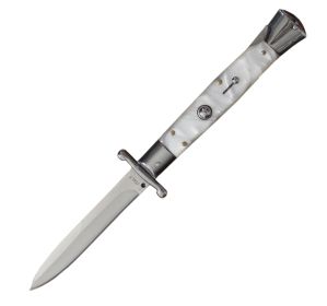 MILANO 10" SWINGUARD WHITE SWIRL AUTOMATIC KNIFE (4.2" POLISH)