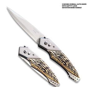 Auto Push Button 9 Inches Imitation bone Handle Pocket Knife w/ Sheath