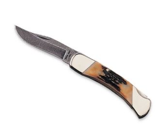 3 3/4 In. Genuine India Stag Bone Midsize Lockback Damascus