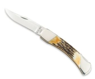 5 In. Genuine India Stag Bone Prof Lockback With Leather Sheath