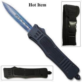 Blue OTF Knife Spear Point, Double Edged Blade