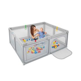 Portable Baby Playpen Large Play Yard with 50 Ocean Balls and 4 Pull Rings-Gray - Color: Gray