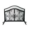 43 Inches 2 Door Iron Fireplace Screen, Mesh Design, Scrollwork, Black