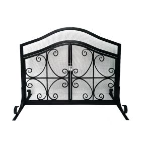 43 Inches 2 Door Iron Fireplace Screen, Mesh Design, Scrollwork, Black