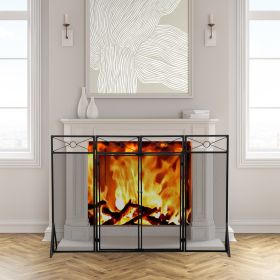 4-Panel Fireplace Screen with 4 Tools and 2 Doors;  Heavy Duty Metal Fire Spark Guard;  Folding Fireplace Fence;  Black